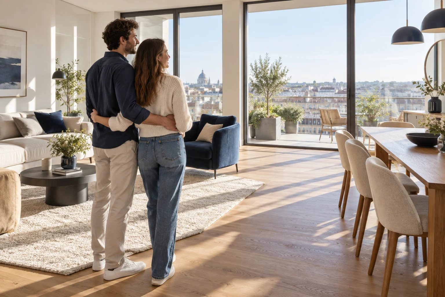Acquéreurs découvrant leur nouvel appartement lumineux